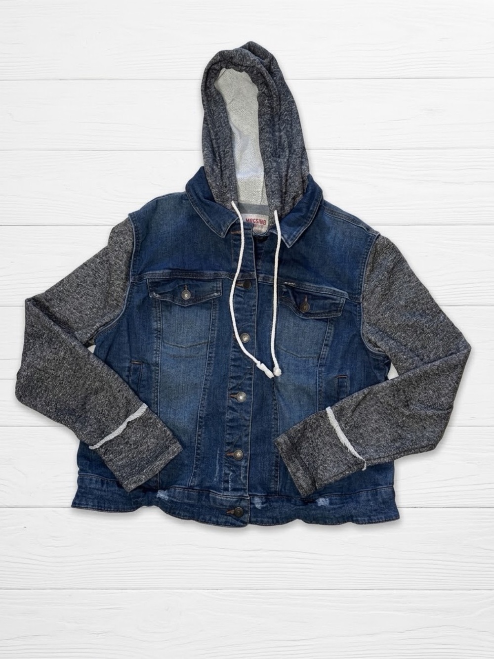 Mossimo Target Womens XXL Blue Denim Jacket Gray Knit Sleeves Hood Jean Trucker